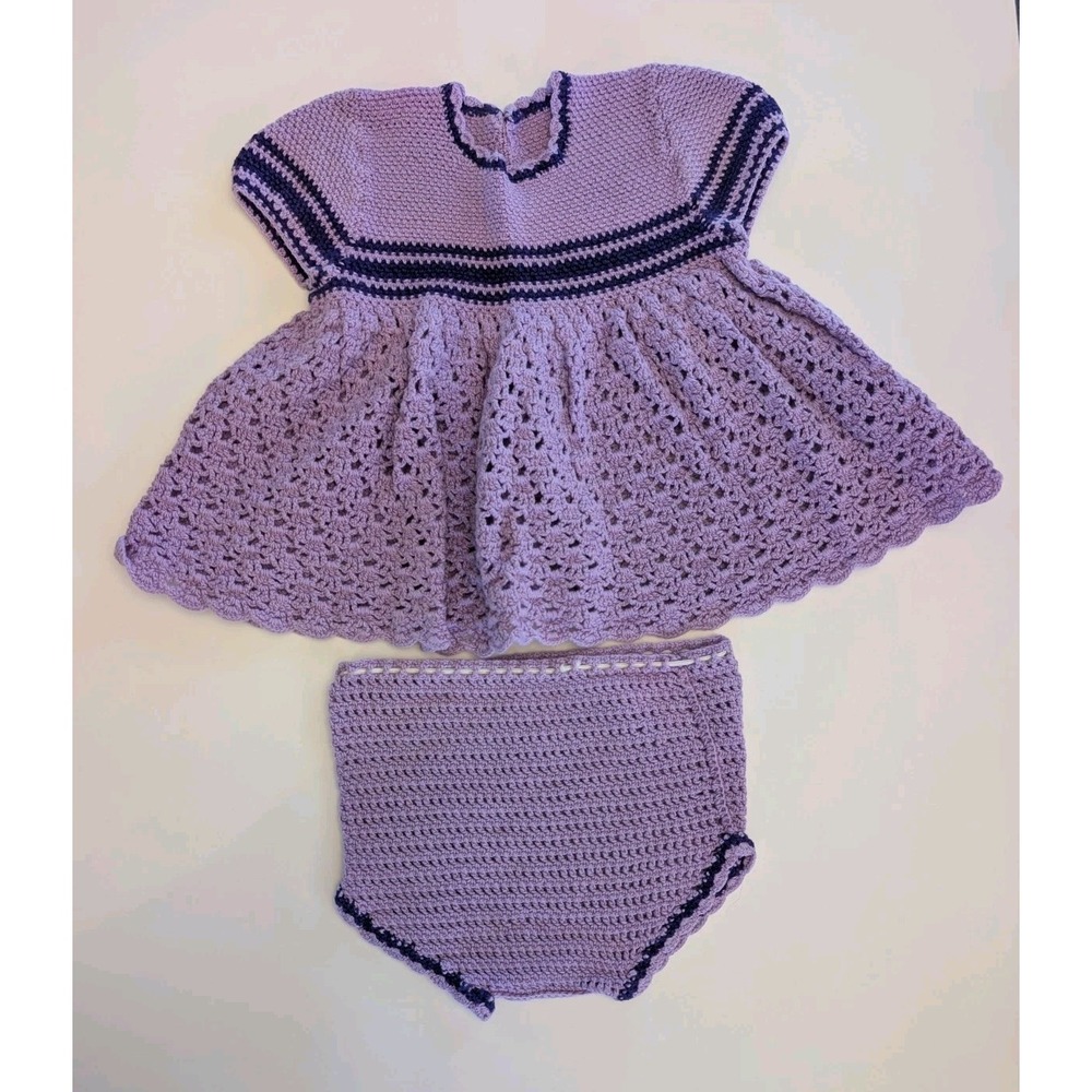 Vintage Baby Girl Crochet Dress Bloomers Set Purple Lavender Handmade 6 MO?